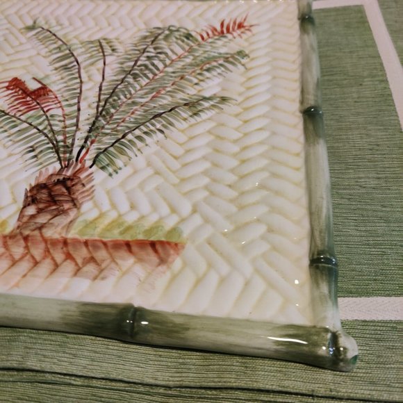 Style Eyes By Baum Bros 12" Palm Tree Square Serving Plate / Platter Bamboo Edge - Picture 2 of 9